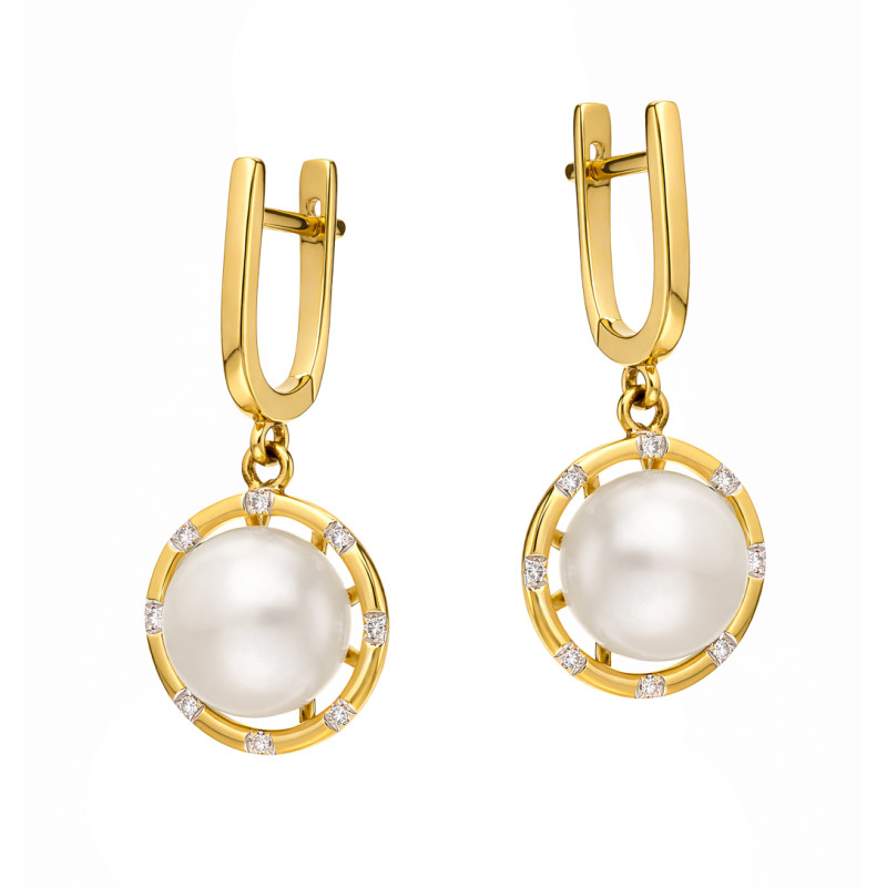 Visací náušnice s perlami a diamanty 0,06 ct | iSezam.cz