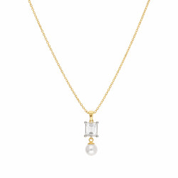 Objevte elegantní zlatý náhrdelník s přírodní perlou a bílým topazem (0,39 ct) ryzosti 585. Jemný design, ideální dárek. Nakupuj