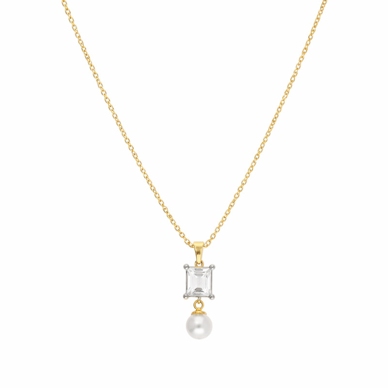 Objevte elegantní zlatý náhrdelník s přírodní perlou a bílým topazem (0,39 ct) ryzosti 585. Jemný design, ideální dárek. Nakupuj