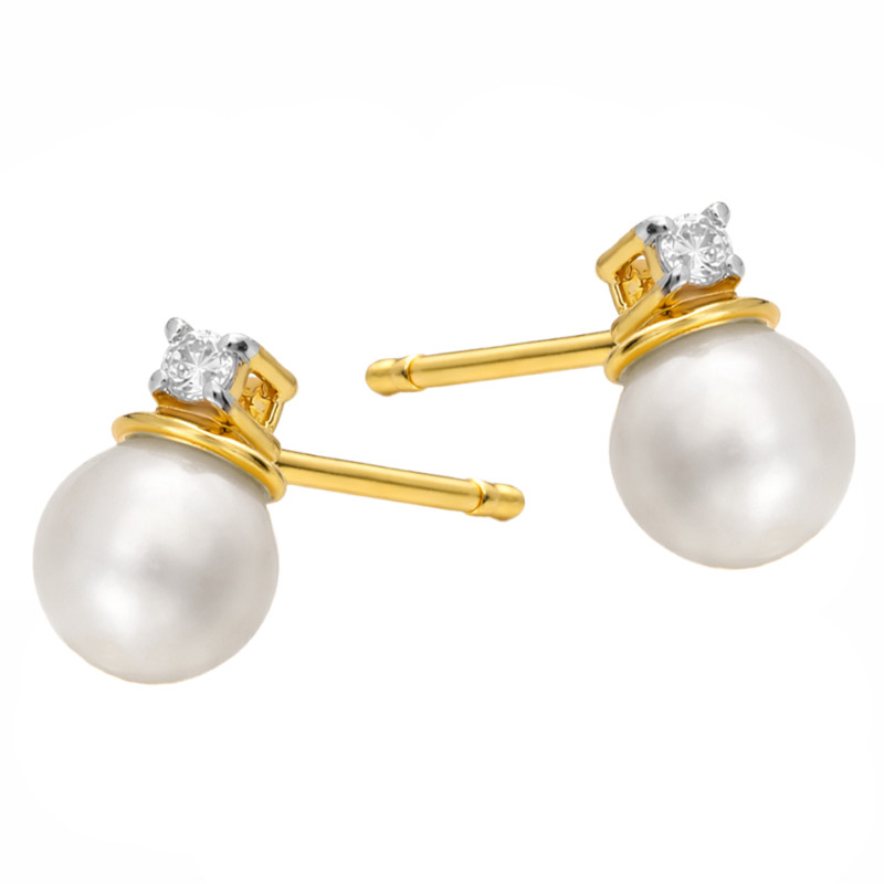 Náušnice s perlami a diamanty 0,02 ct, zlato 585