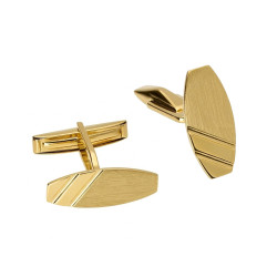 Spinki do mankietów złote ścięty owal:Zlaté manžetové knoflíčky ve tvaru seříznutého oválu s matnými pruhy jsou elegantním a moderním doplňkem, který dokonale doplní každý formální styl. Jemné, matné pruhy jim dodávají charakter při zachování minimalistic