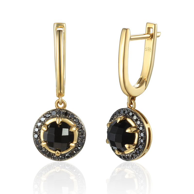 Náušnice z černých diamantů 0,18 ct a achátu, zlato 585