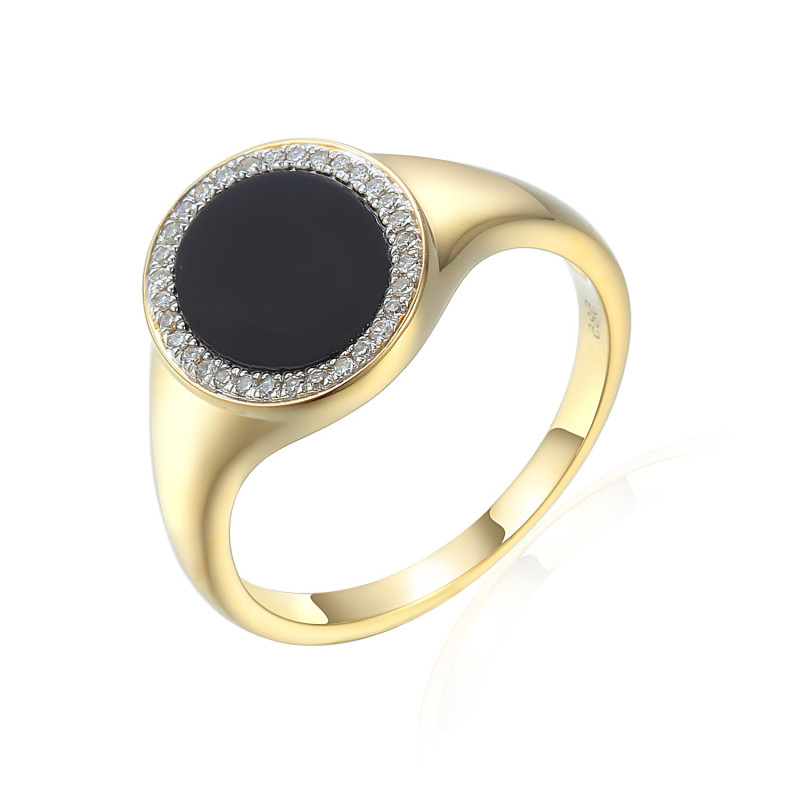 Zlatý signet prsten s černým achátem a diamanty 0,10ct | iSezam.cz