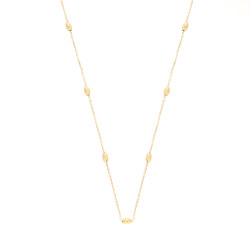 Objevte elegantní zlatý náhrdelník (14kt) s řetízkem rolo a diamantovanými fazolkami. Nastavitelná délka, ideální jako dárek. Ku