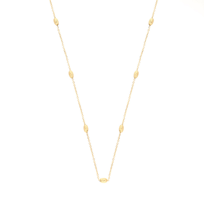 Objevte elegantní zlatý náhrdelník (14kt) s řetízkem rolo a diamantovanými fazolkami. Nastavitelná délka, ideální jako dárek. Ku