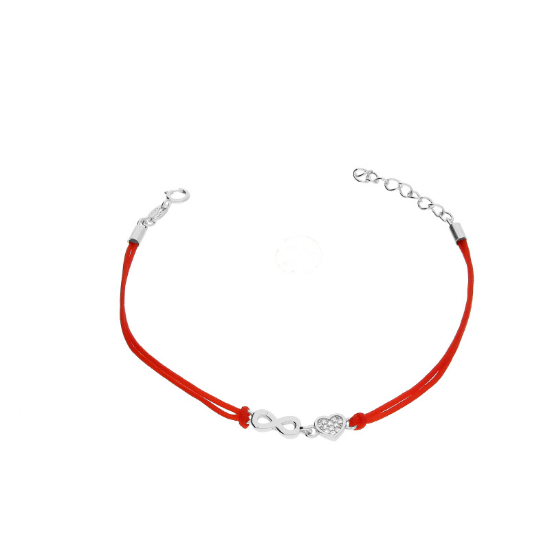 Stříbrný náramek 925 infinity se srdcem, červená šňůrka