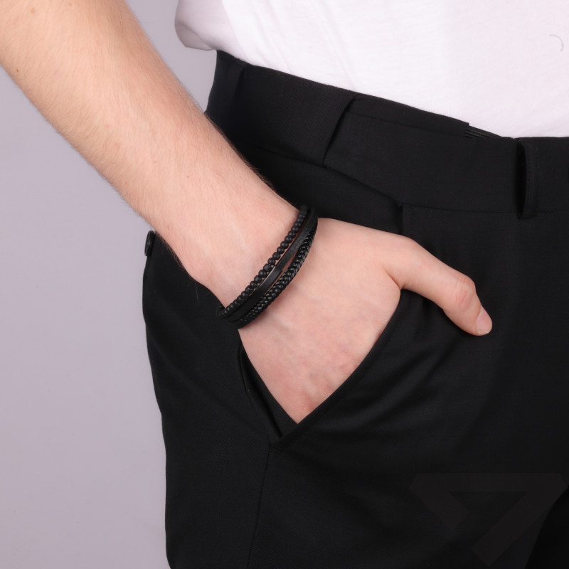 Pánský trojitý náramek, ocel a černá kůže