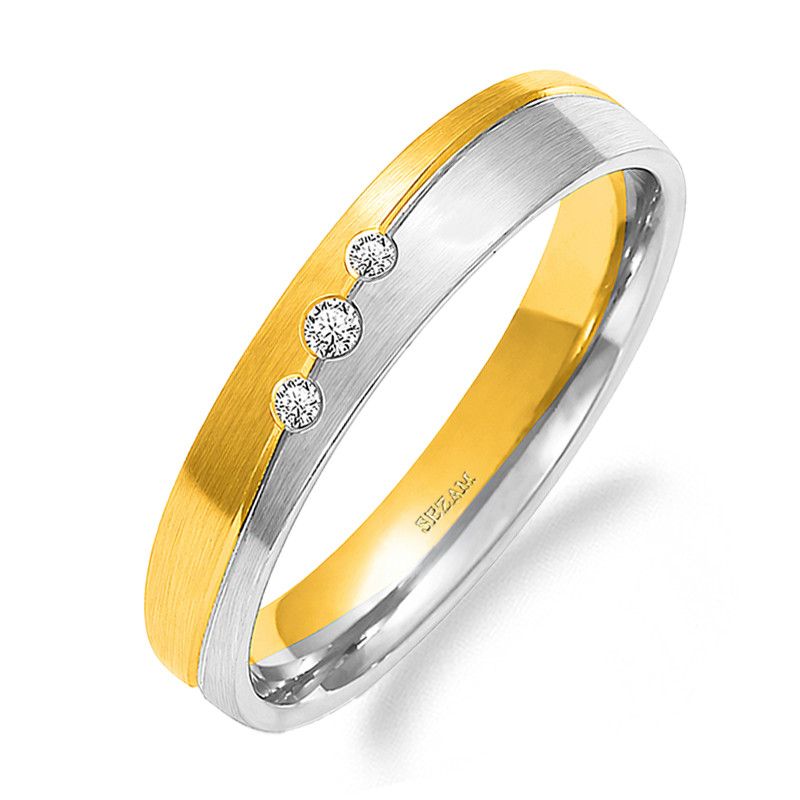 Objevte elegantní snubní prsten ze zlata 585 v kombinaci bílé a žluté barvy. Model s laboratorními diamanty, matem a gravírovano