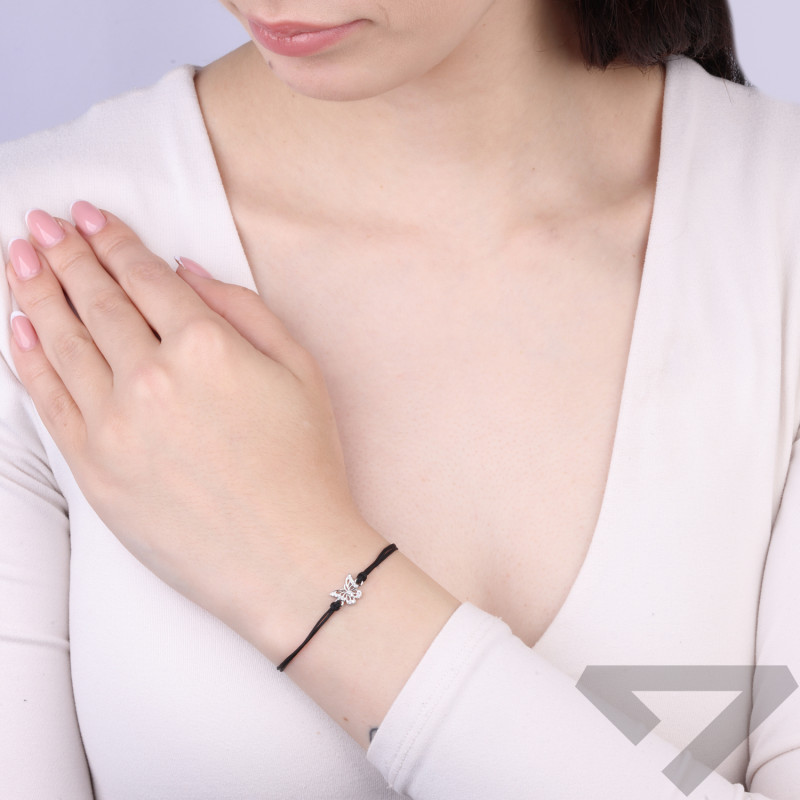 Náramek s motýlkem ze stříbra 925 na černém provázku