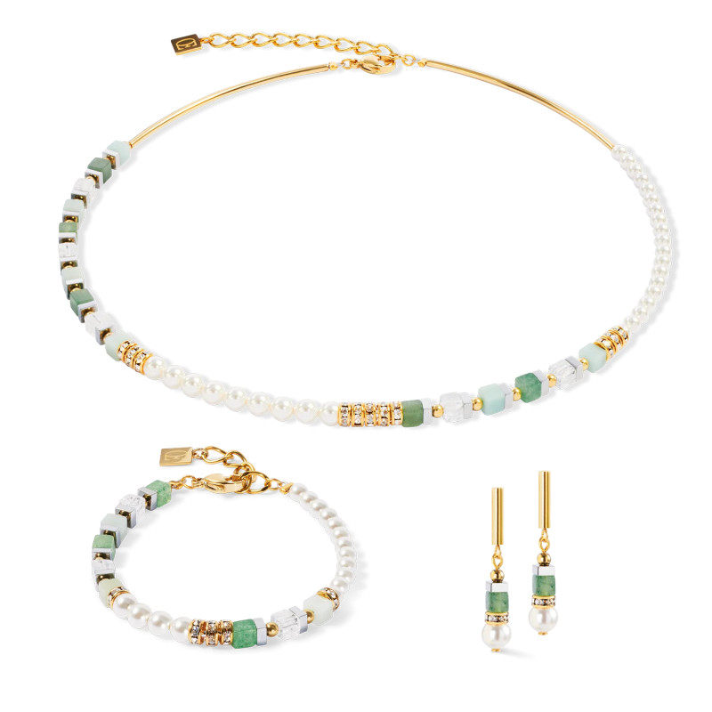 Náušnice COEUR DE LION z nerezové oceli se zeleným avanturínem a perlou Swarovski 4354210500