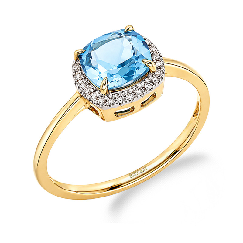 Pierścionek z topazem blue i diamentami, złoto 585
