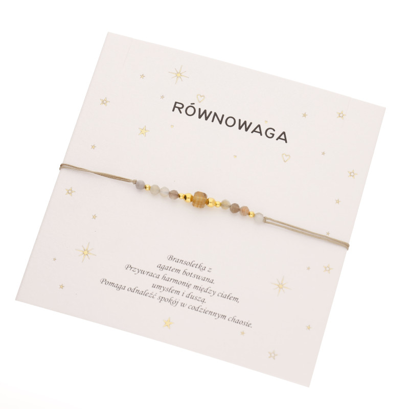 Bransoletka sznurkowa beżowa z fasetowanym agatem Botswana, kulki srebro 925
