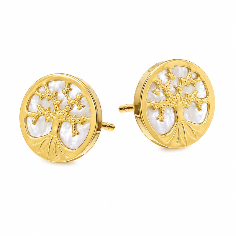 Zlaté náušnice kruhy Strom života s perleťovou hmotou | iSezam.cz