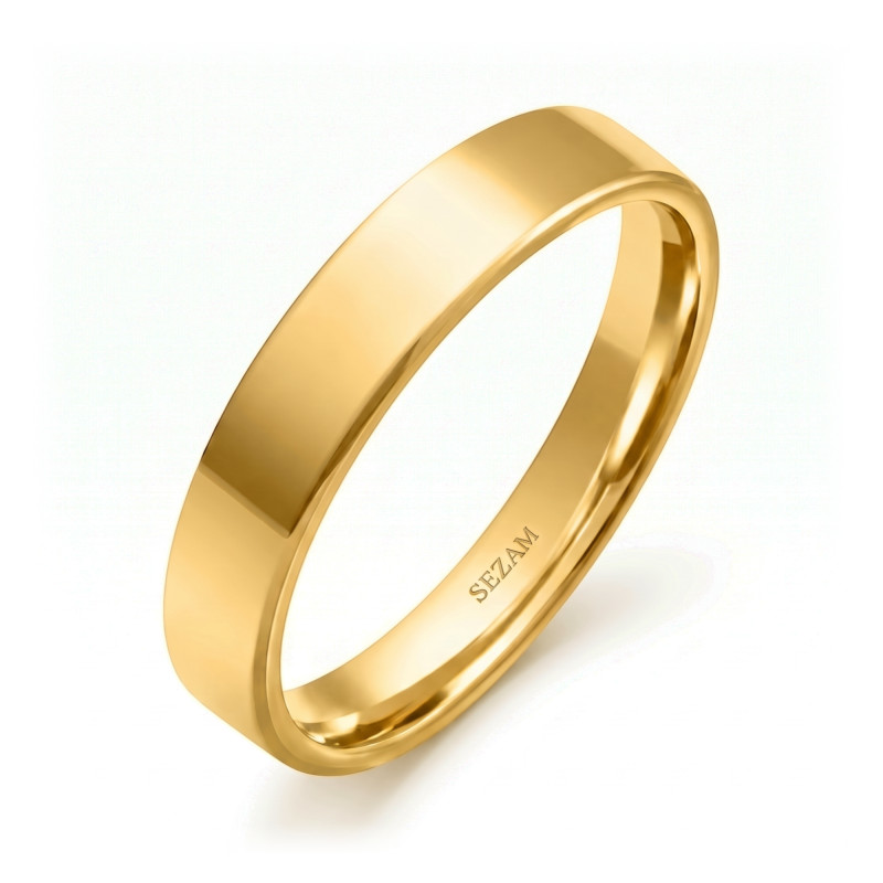 Objevte minimalistické zlaté snubní prsteny ze zlata 585 (14k) s plochým profilem 4 mm. Na zakázku, s gravírováním. Rychlé dodán