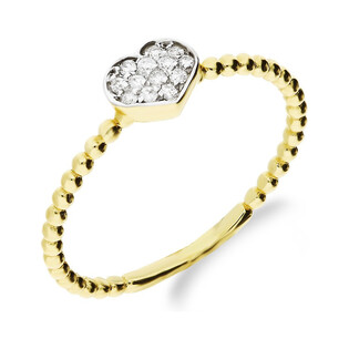 <p>Zlatý zásnubní prsten vyrobený ze zlata ryzosti 14 karátů. Jemná šína typu rings s motivem srdce zdobeného diamanty. Kameny o