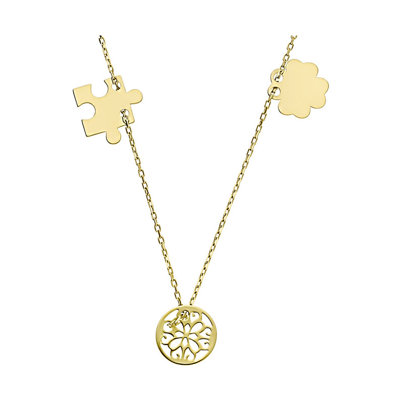 Zlatý náhrdelník jetel, puzzle a prolamované kolečko č. MZ T23-N-159-0718-LZ ryzost 585