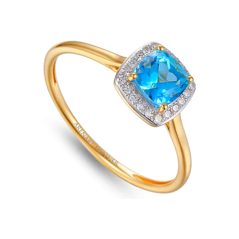 Pierścionek złoty topaz blue z brylantami AW 58266 YW-TO kwadrat próba 585